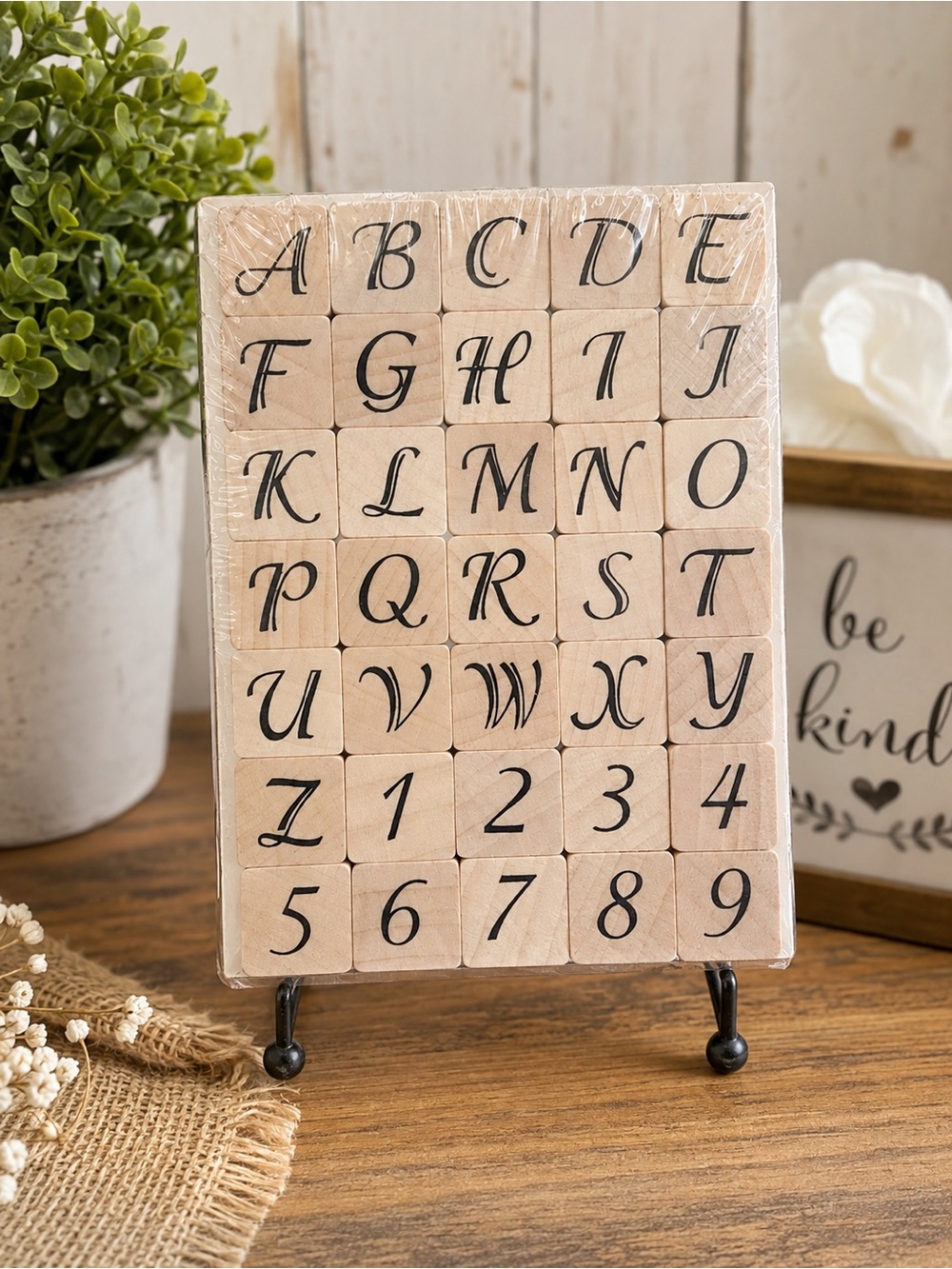 Source Unknown Script Letter and Number Wooden Block Stamp Set - Natural Beige